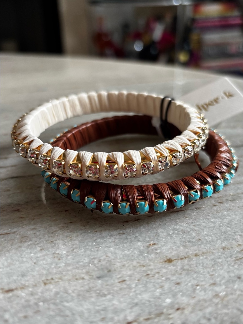 Piper K Turquoise & Crystal Woven Wrapped Brown and Cream Bracelet
